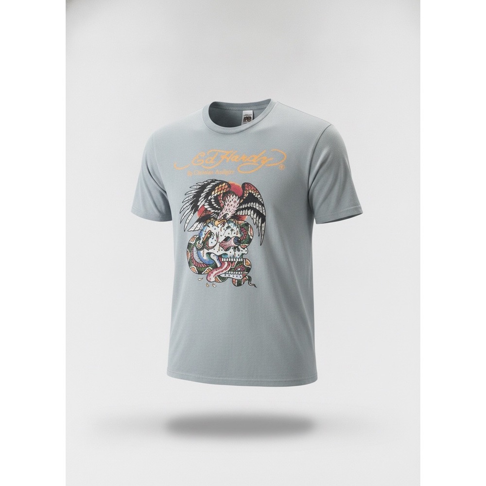 Ed Hardy Christian Audigier Mens Eagle Skull Snake Graphic T-Shirt Blue Grey NEW
